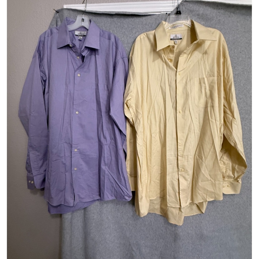 2pc Enro Dress Shirt Men's 18.5 37/38 Purple Yellow Micro Nailhead Pima Monogram